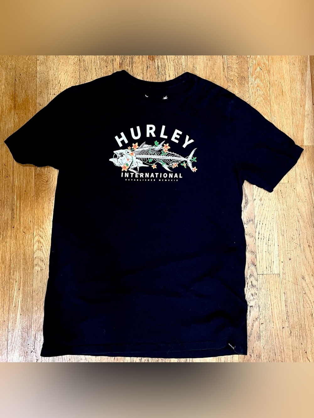 Hurley Black Short Sleeve Tee with Floral Fishbone Graphic